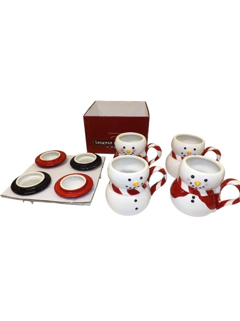 Williams Sonoma Snowman Mugs w Hats Set Of 4 Holiday Christmas Hot Chocolate Mmm